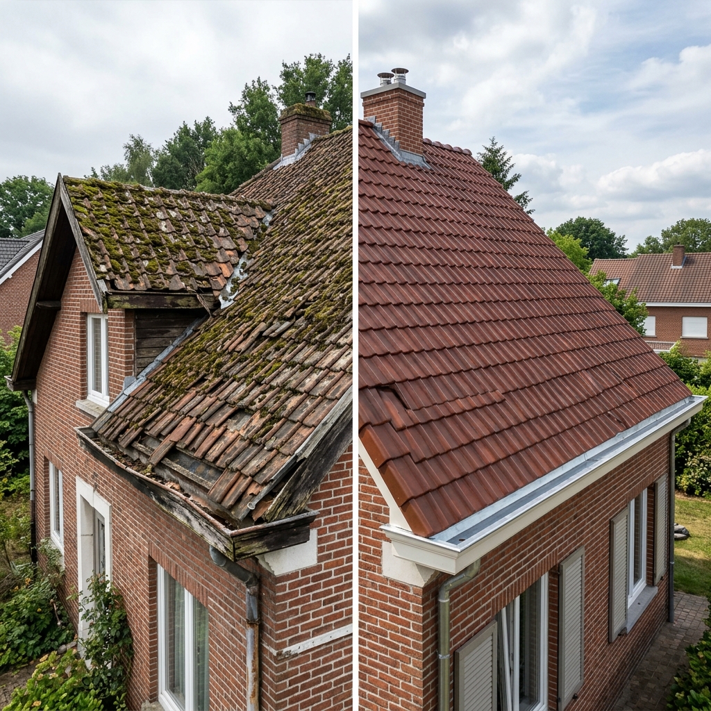 Avant et après rénovation de toiture belge — tuiles mousse vs tuiles neuves