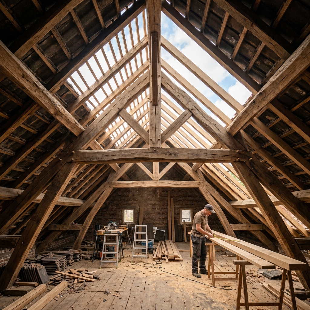 Charpente en chêne d'une maison belge en cours de rénovation