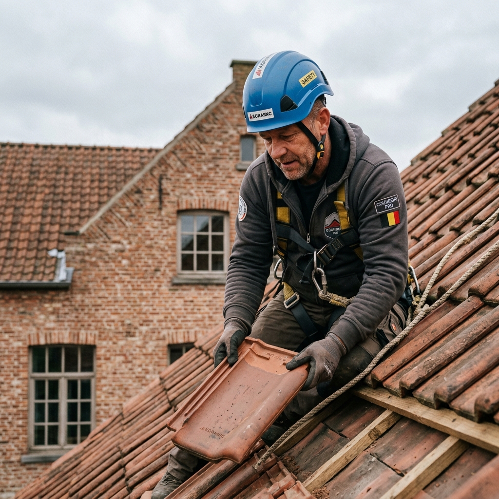 Couvreur professionnel en train de rénover une toiture en Brabant wallon