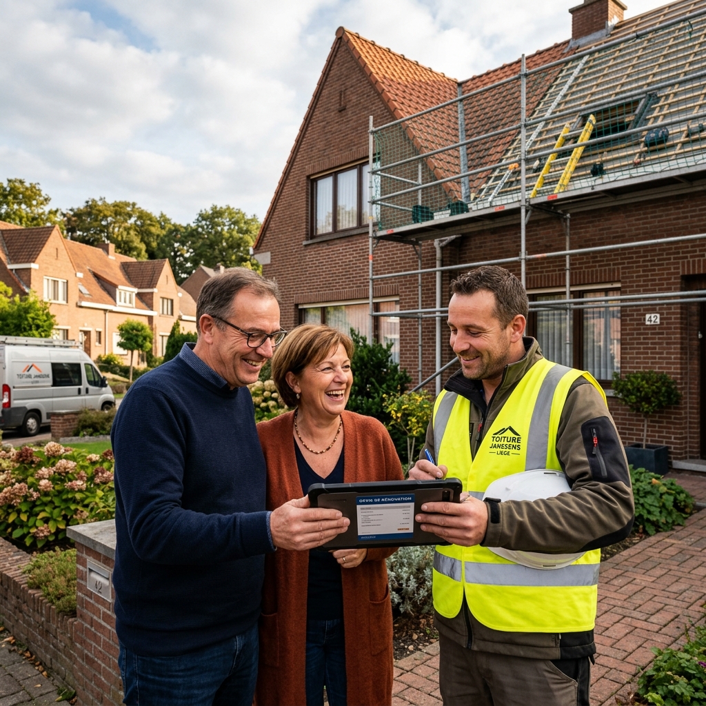 Propriétaire belge consultant un devis de rénovation de toiture avec un couvreur professionnel