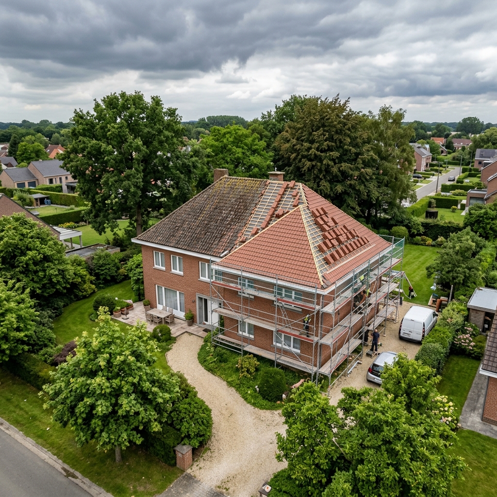 Rénovation de toiture en cours sur une maison belge — tuiles neuves et échafaudage