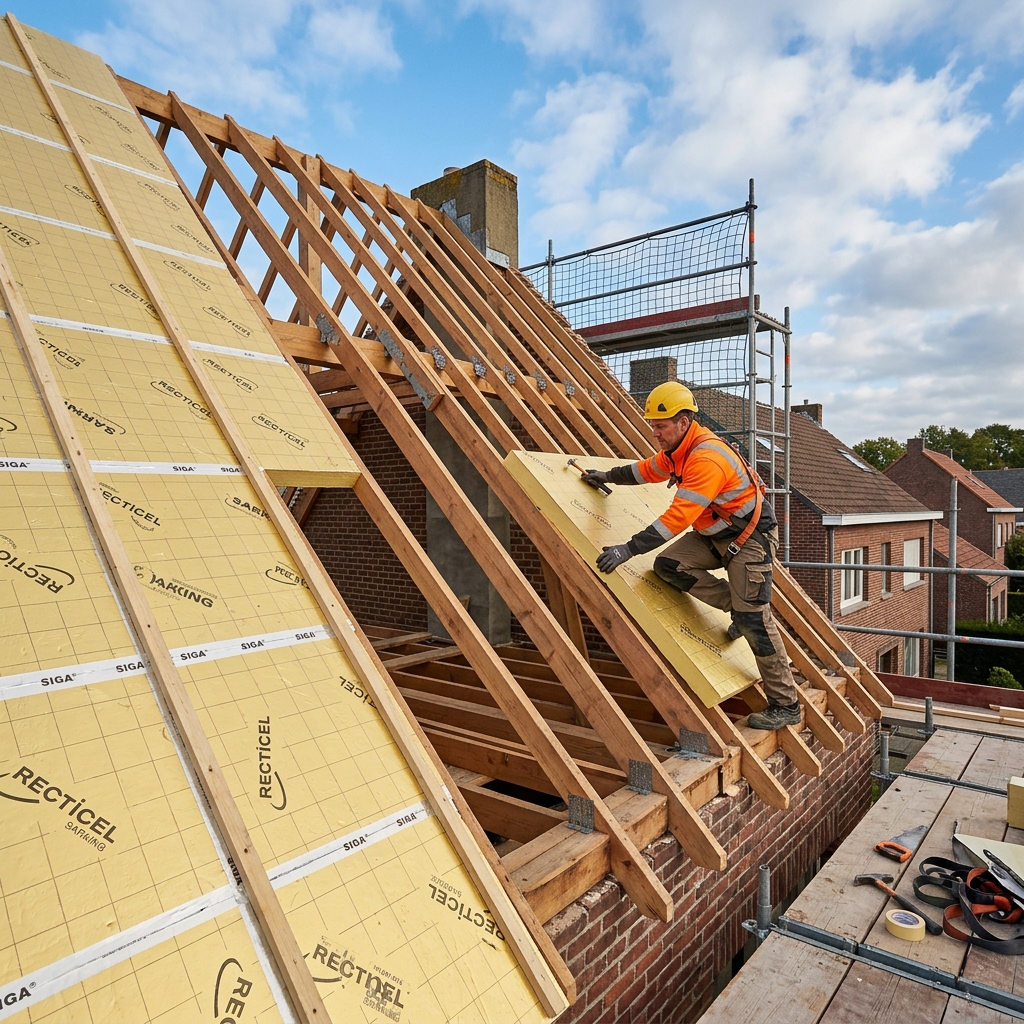 Installation de panneaux isolants PIR sarking sur toiture belge
