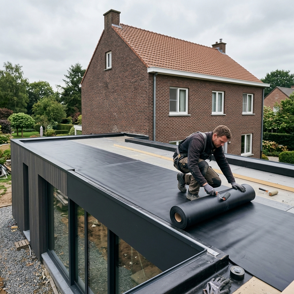 Pose de membrane EPDM sur toiture plate belge